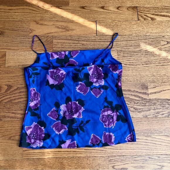 PAIGE Camisole Cowl Drape Neck Sleeveless Satin Floral Print Blue Purple M NWT - Picture 12 of 12